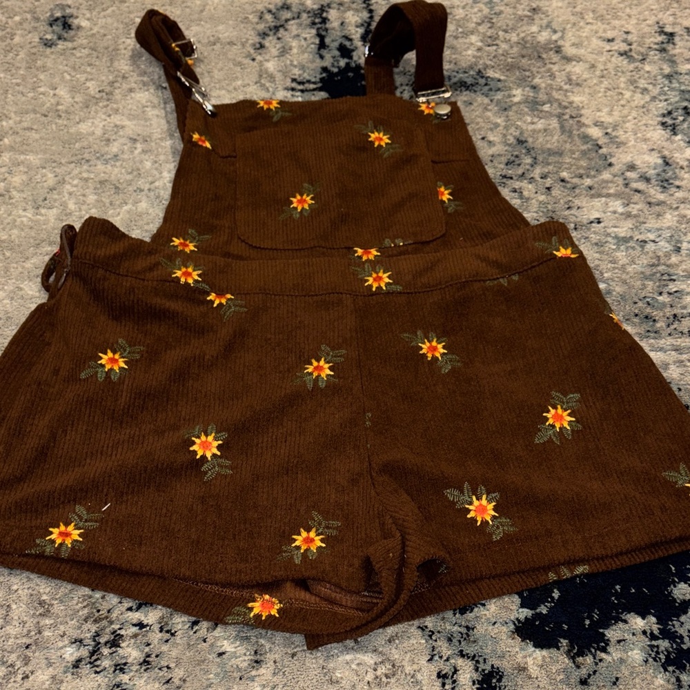 Brown Corduroy Overalls with Floral Embroidery